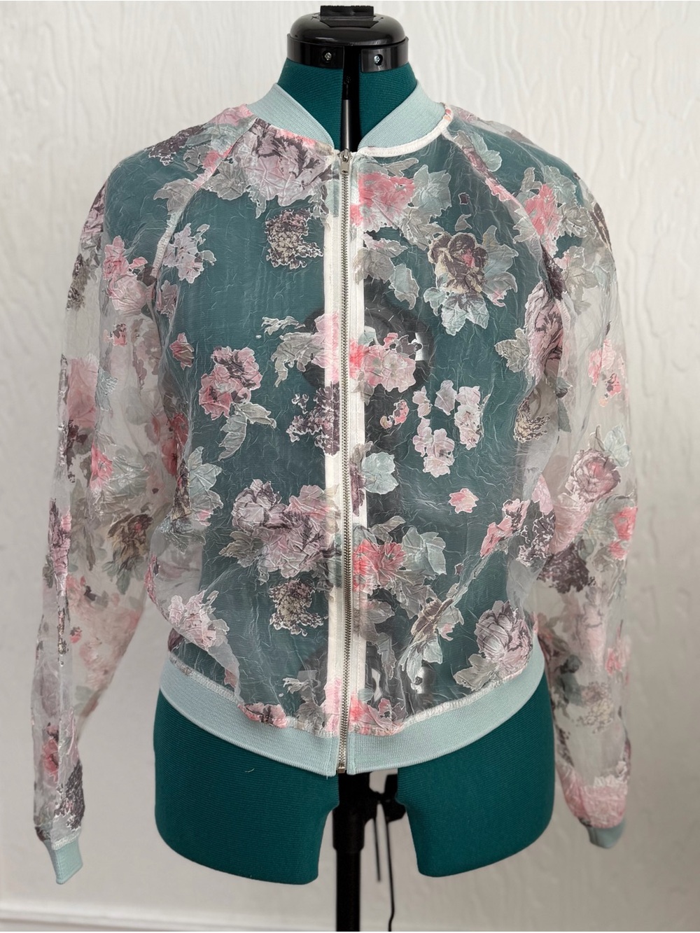 Anthropologie Maeve Size Small Sheer Floral Bomber Jacket in Mint and Pink